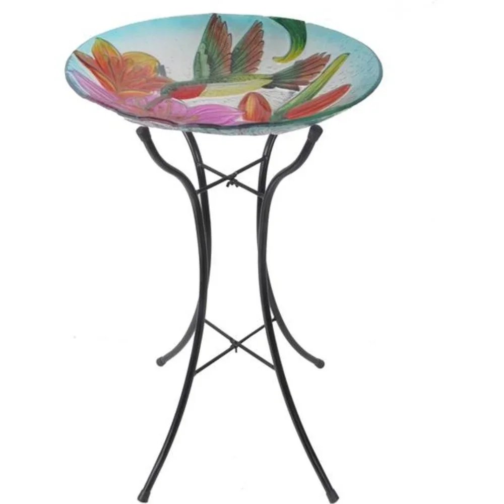 Handpainted Mosaic FlowerFusion Glass Pedestal BirdBath for Outdoor Patio Garden